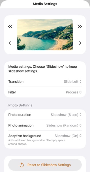 SlideFlow: Media settings for a single photo