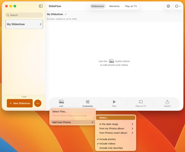 Add photos and videos to a slideshow in SlideFlow