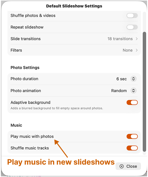 SlideFlow: Music in the default slideshow settings