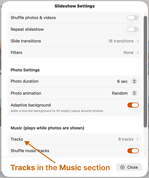 SlideFlow music settings for adding songs to a photo slideshow