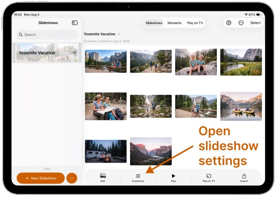 SlideFlow: Open slideshow settings on iPad