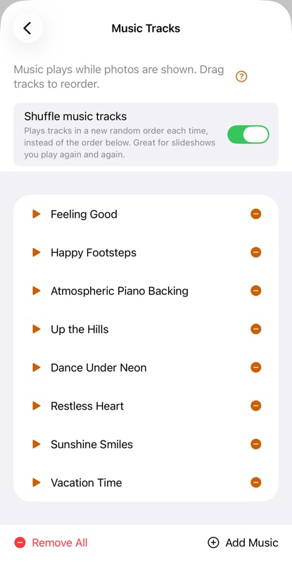 SlideFlow: The Music Tracks screen, with the shuffle toggle above the track list