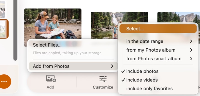 SlideFlow: the Add menu, offering Select Files and Add from Photos