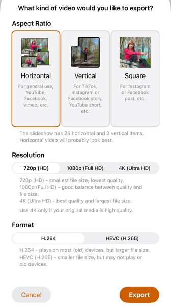 SlideFlow: Export options for aspect ratio, resolution, and video format