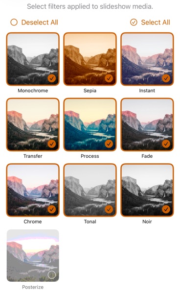 SlideFlow: the filter screen showing the same photo through each of the ten filters — Monochrome, Sepia, Instant, Transfer, Process, Fade, Chrome, Tonal, Noir, and Posterize