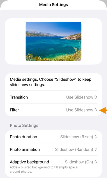 SlideFlow: Filter setting for a single photo in the media settings