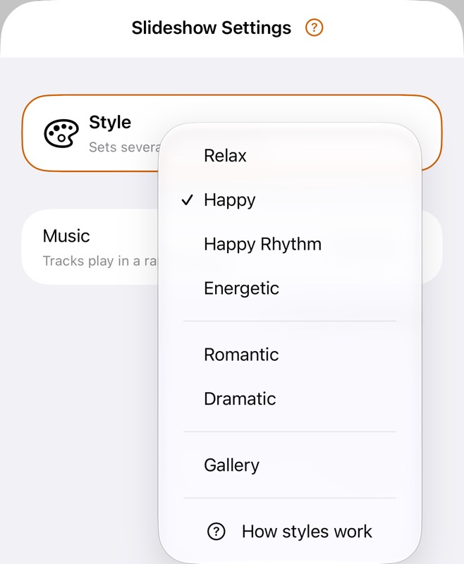 SlideFlow: The Style menu at the top of the slideshow settings