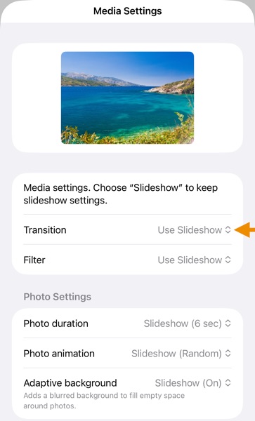 SlideFlow: Transition setting for a single photo or video