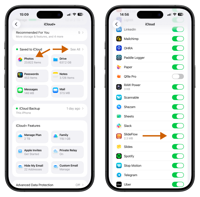 SlideFlow: iCloud enabled for SlideFlow in the iPhone settings