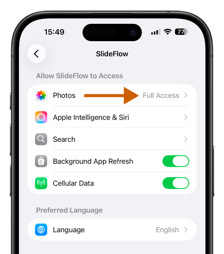 SlideFlow: full access to the Photos library granted in the iPhone Settings