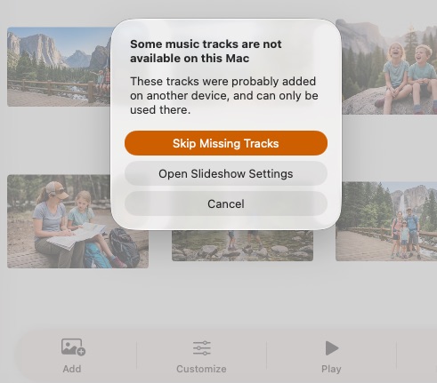 SlideFlow: the alert offering to skip music tracks that are not available on this device