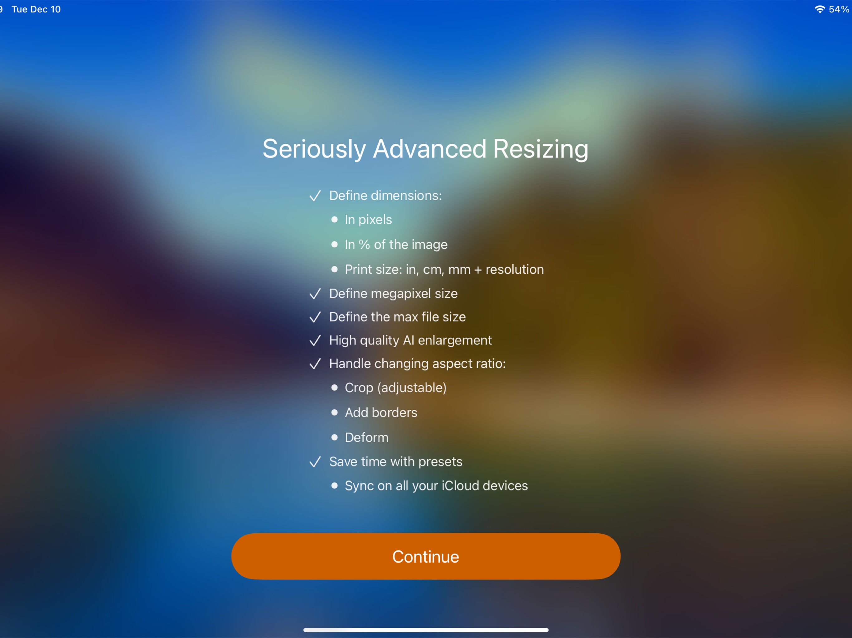 iSize on iPad: advanced resizing options: dimensions in pixels, percent, or print size, megapixels, max file size, AI enlargement, and aspect ratio handling