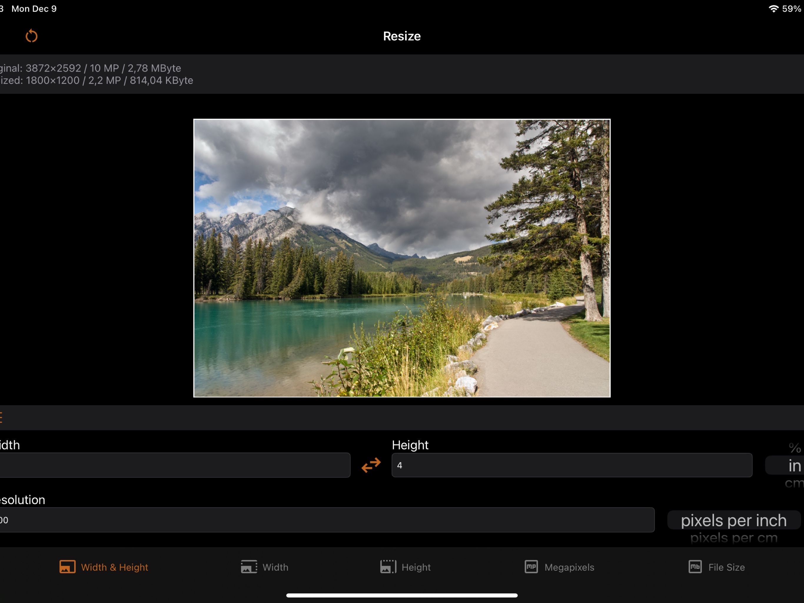 iSize on iPad: resizing a photo to a 4 x 6 inch print size at 300 pixels per inch