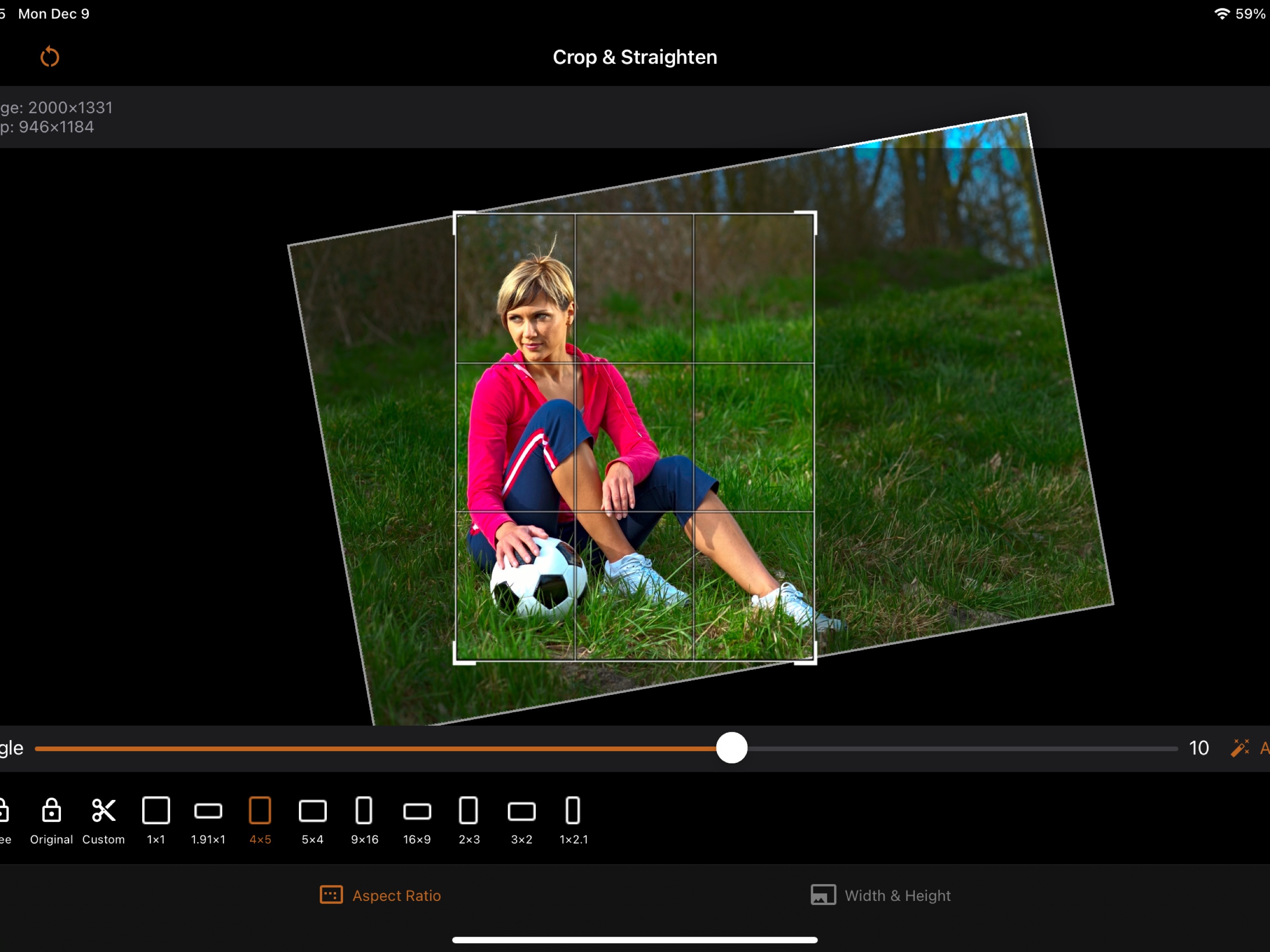 iSize on iPad: cropping and straightening a photo with aspect ratio presets