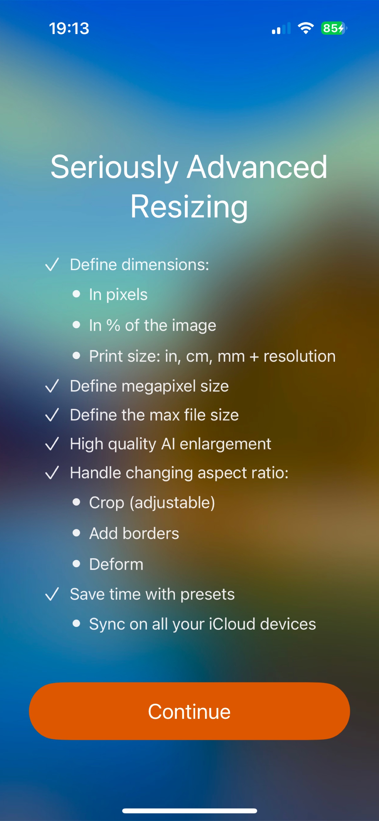 iSize on iPhone: advanced resizing options: dimensions in pixels, percent, or print size, megapixels, max file size, AI enlargement, and aspect ratio handling