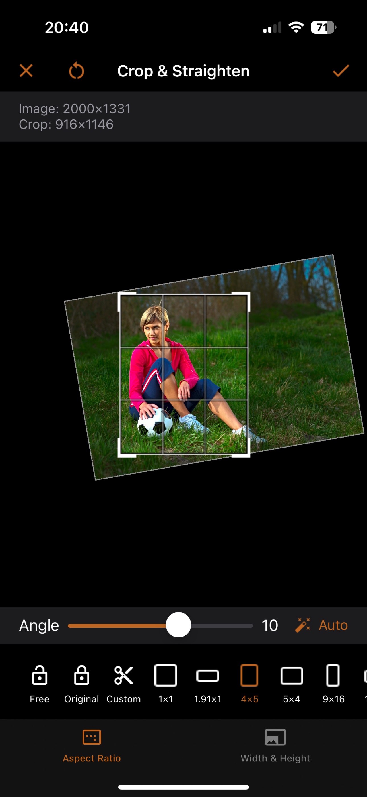 iSize on iPhone: cropping and straightening a photo with aspect ratio presets