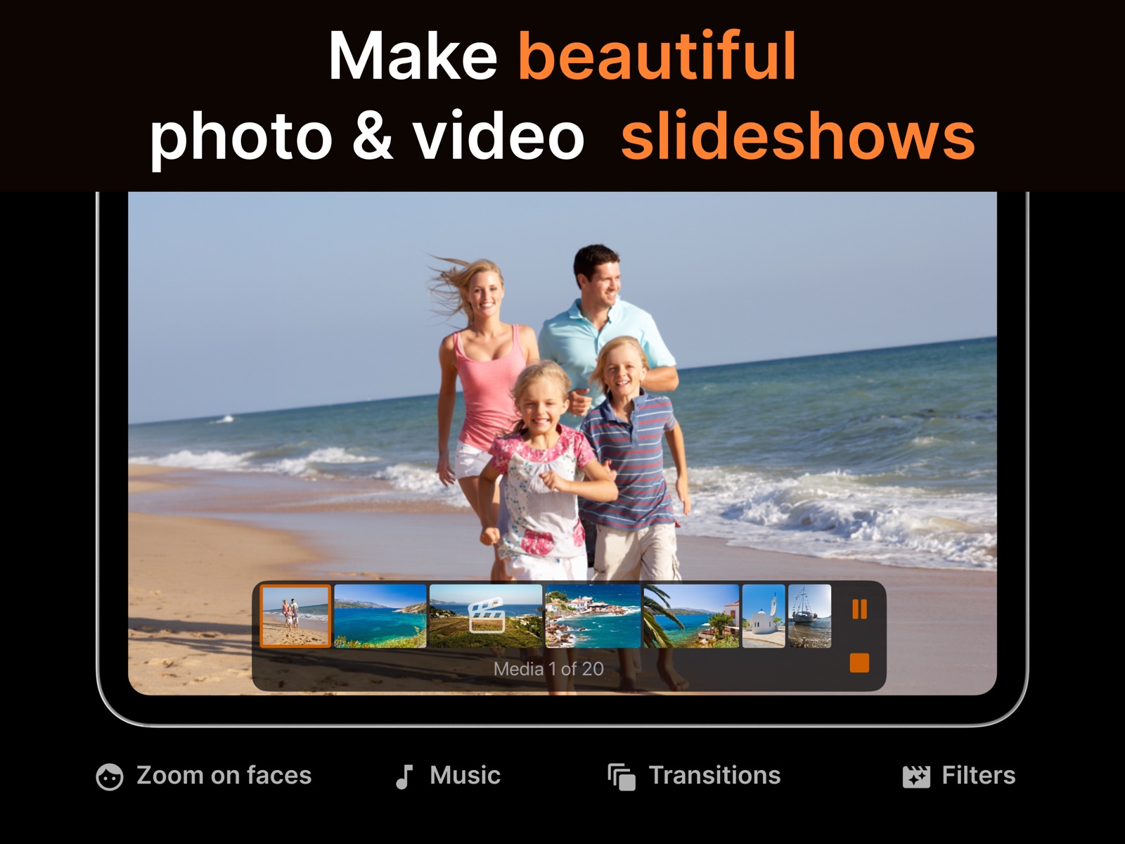 SlideFlow on iPad: playing a photo and video slideshow with the playback filmstrip
