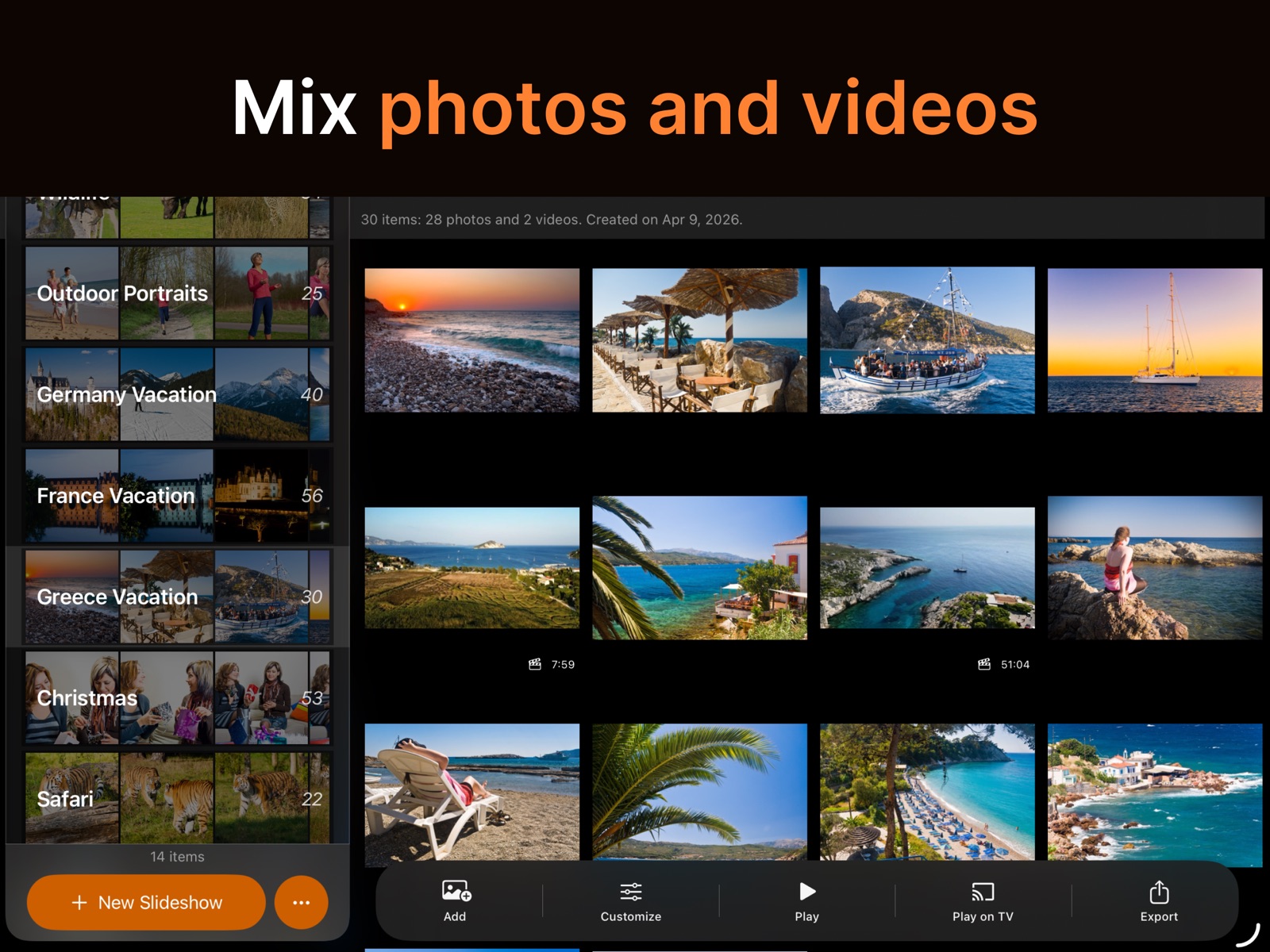 SlideFlow on iPad: a slideshow mixing photos and videos in the media grid