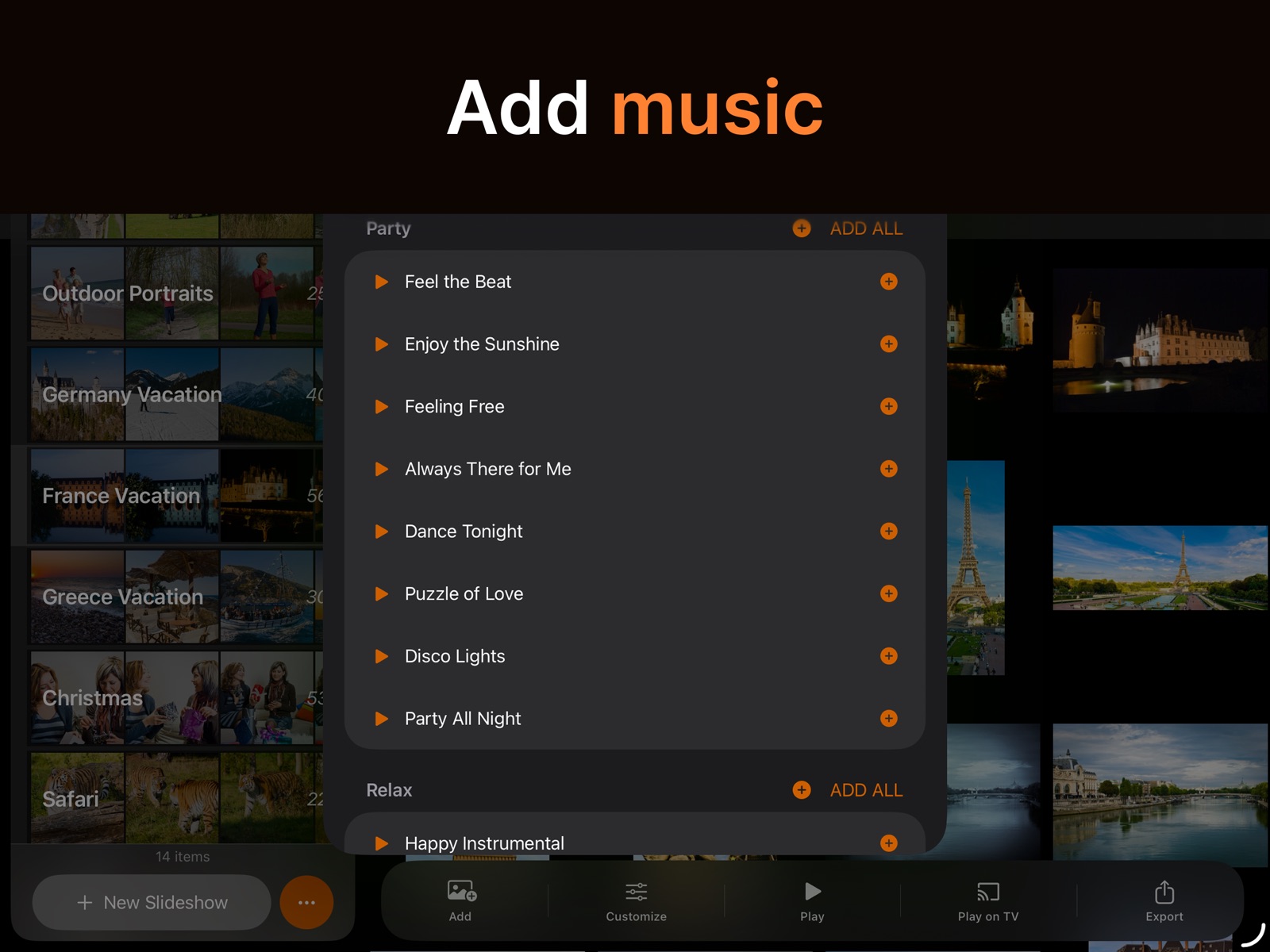 SlideFlow on iPad: choosing built-in music tracks for a slideshow