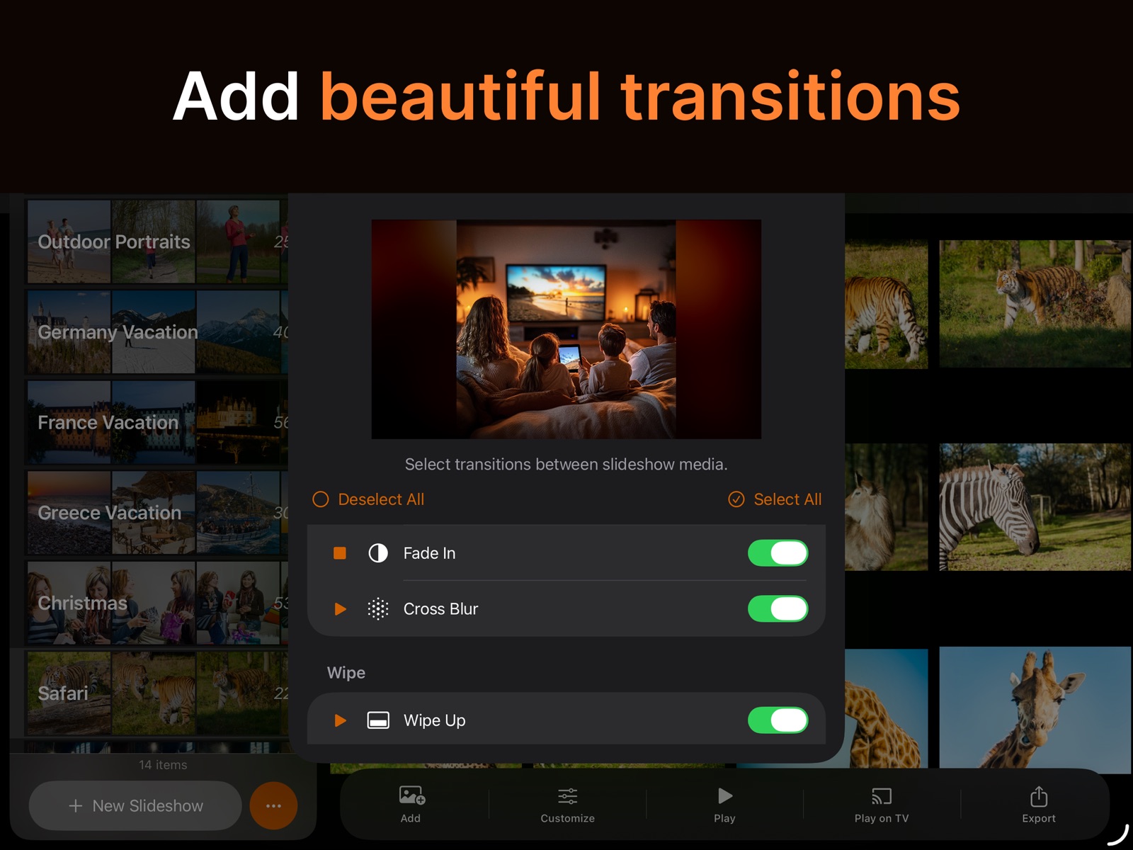 SlideFlow on iPad: selecting transitions between slideshow media