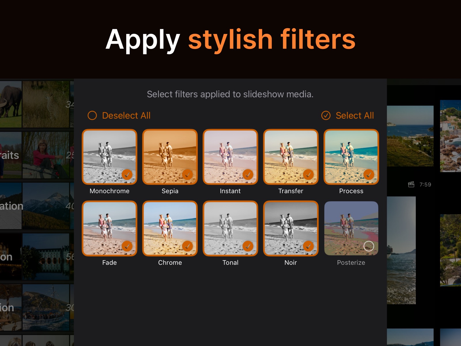 SlideFlow on iPad: choosing filters such as Monochrome, Sepia, Chrome, and Noir