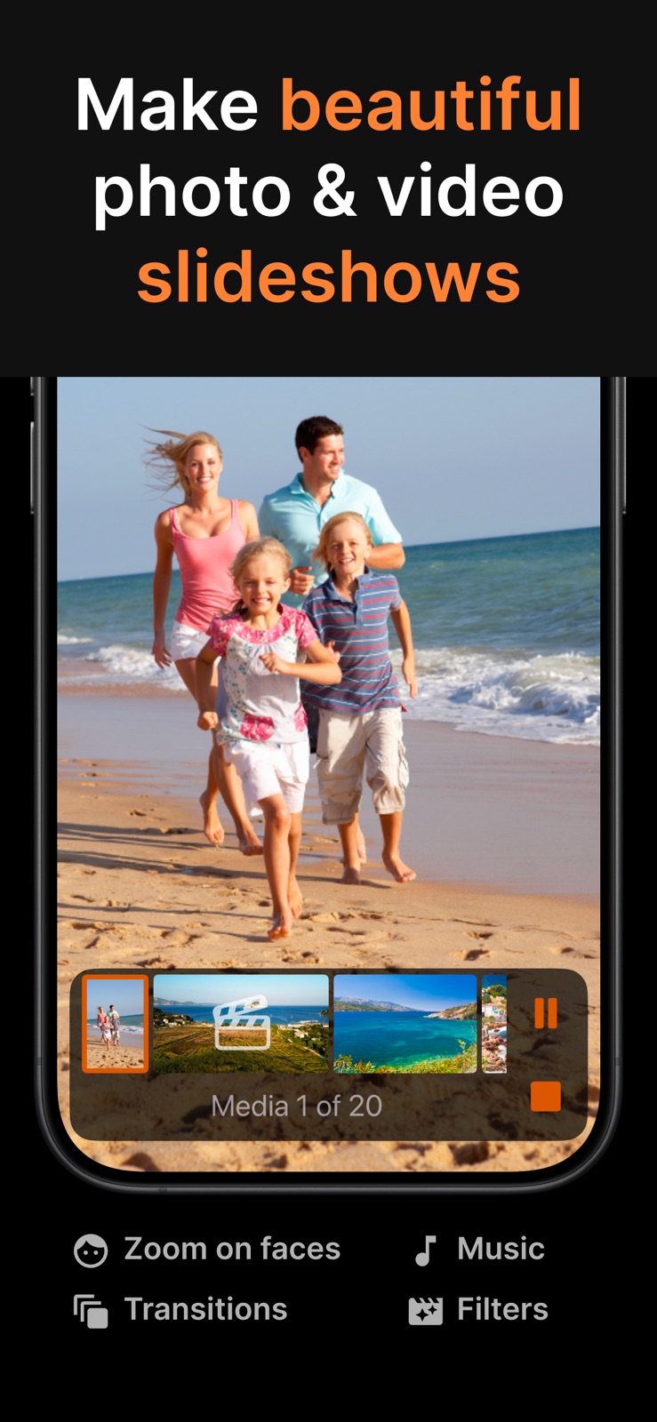 SlideFlow on iPhone: playing a photo and video slideshow with the playback filmstrip