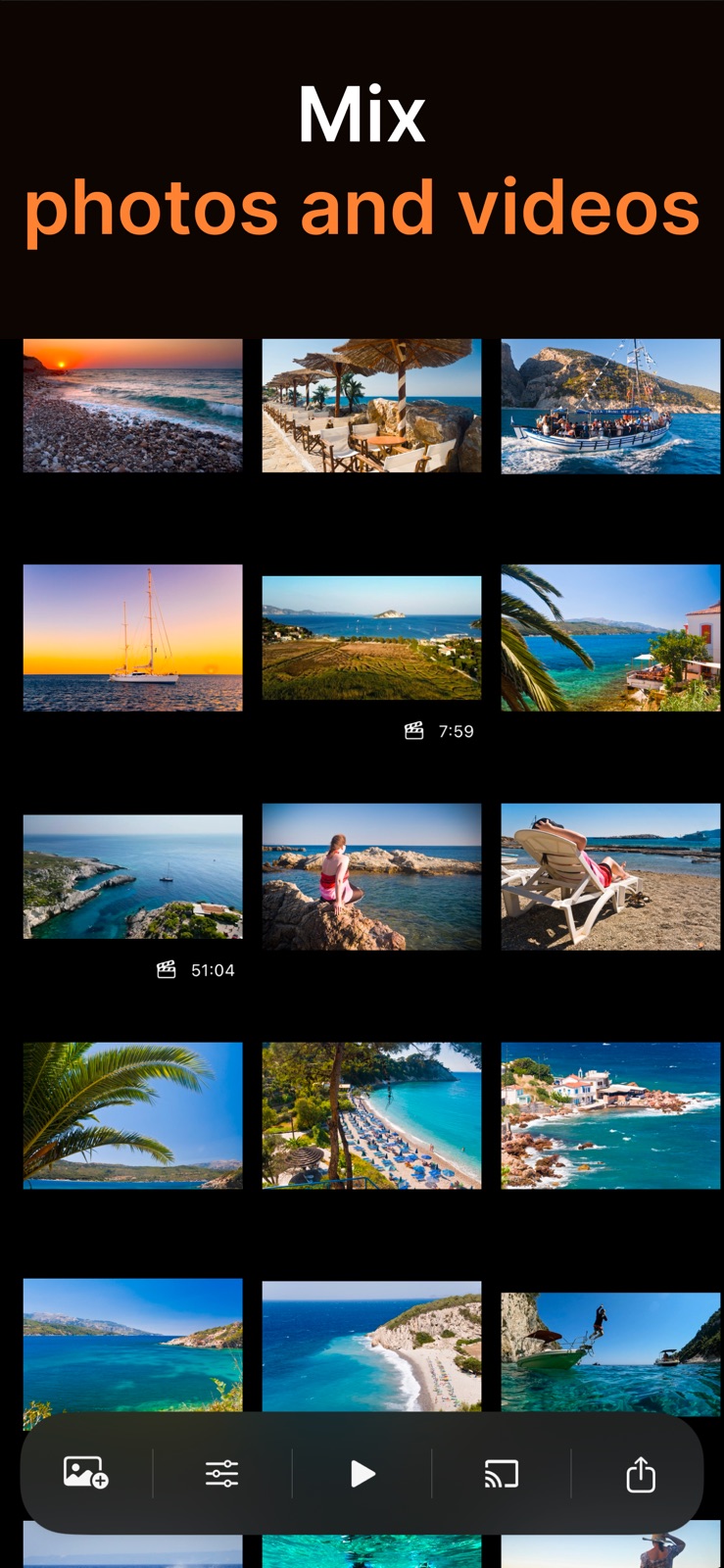 SlideFlow on iPhone: a slideshow mixing photos and videos in the media grid