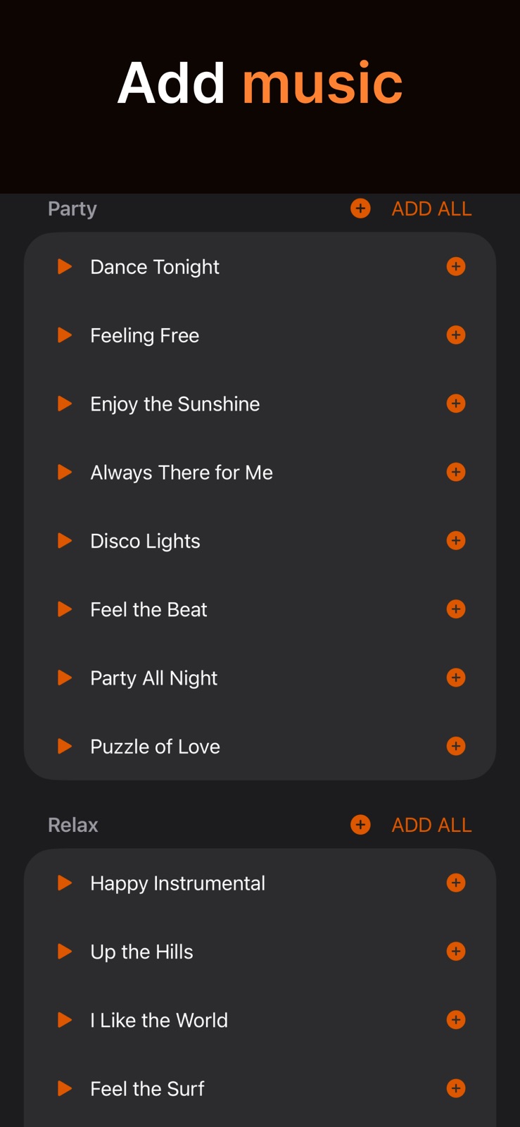 SlideFlow on iPhone: choosing built-in music tracks for a slideshow