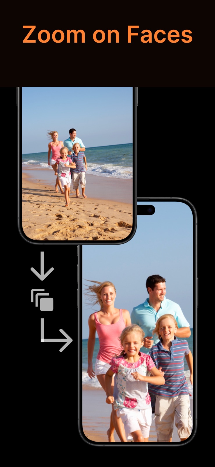 SlideFlow on iPhone: the Zoom on Faces animation moving from the full photo to the people in it