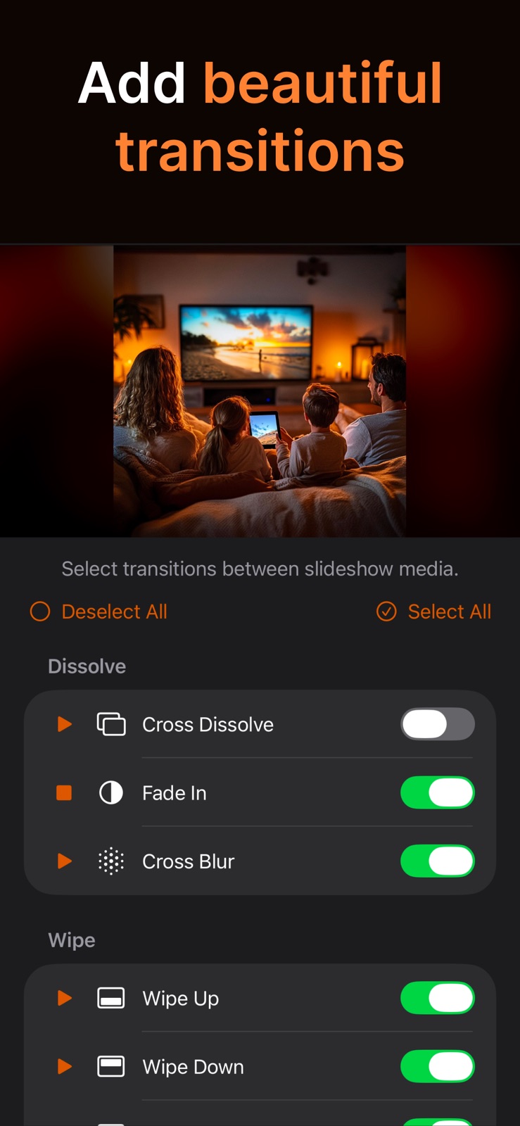 SlideFlow on iPhone: selecting transitions between slideshow media