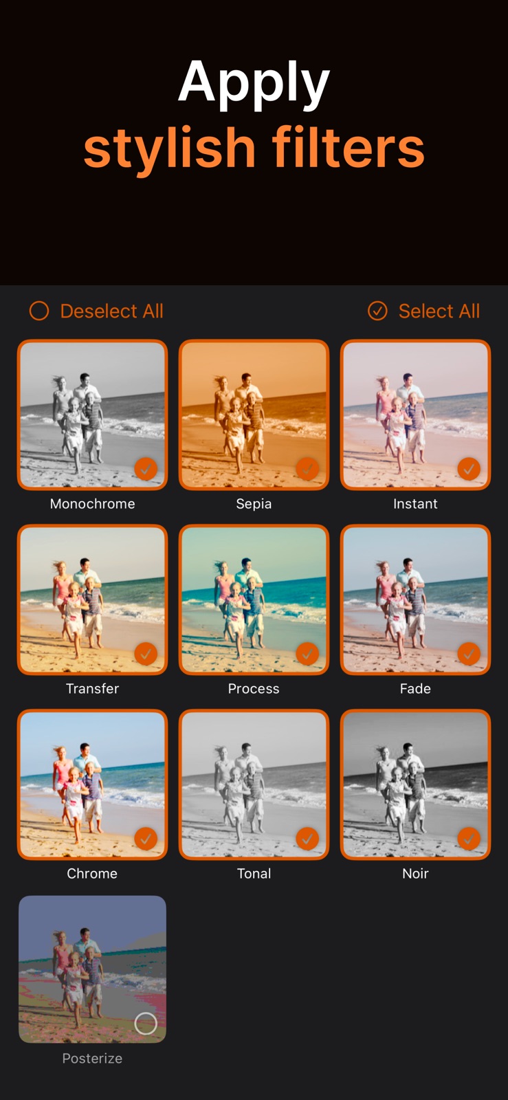 SlideFlow on iPhone: choosing filters such as Monochrome, Sepia, Chrome, and Noir