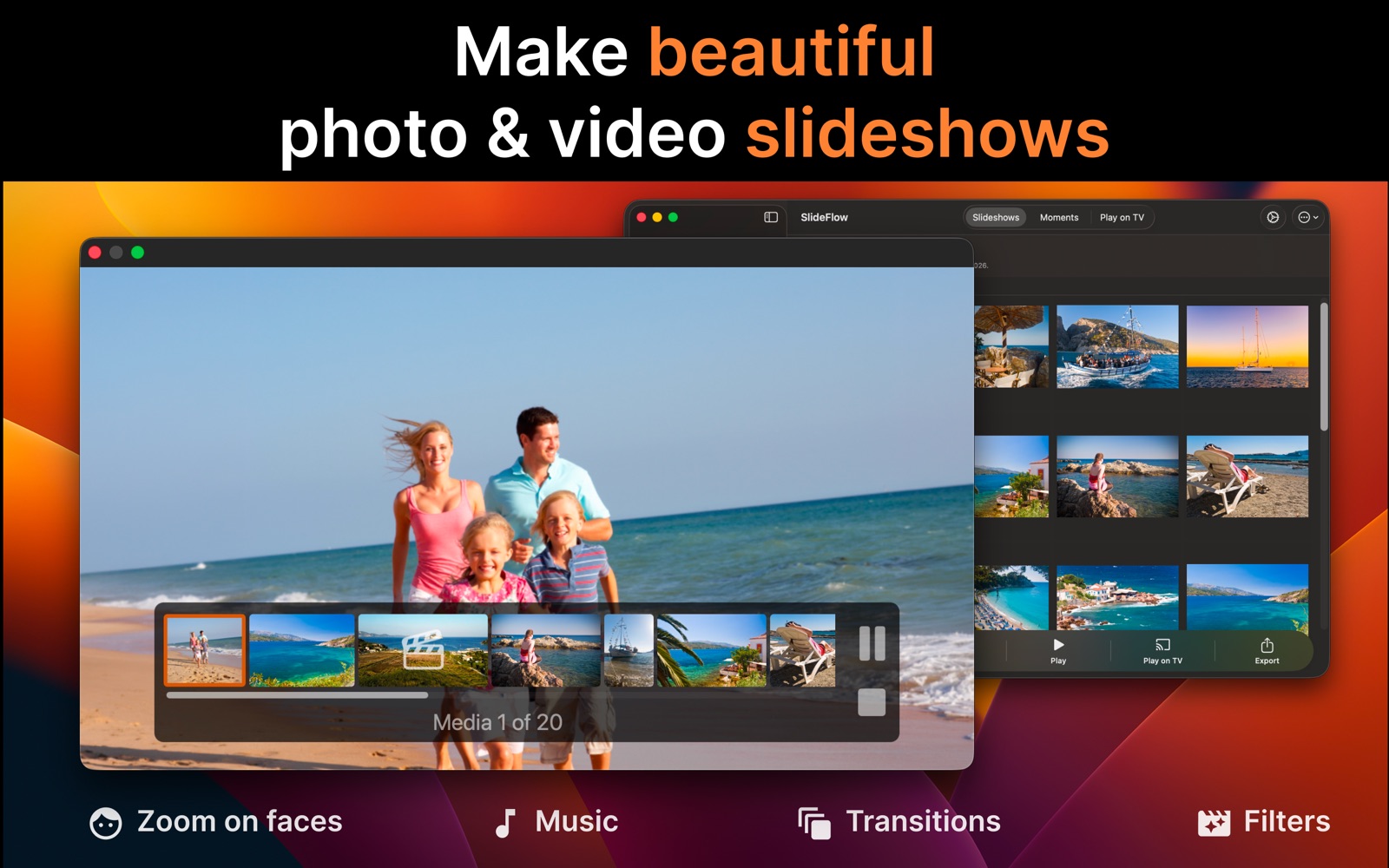 SlideFlow on Mac: playing a photo and video slideshow with the playback filmstrip