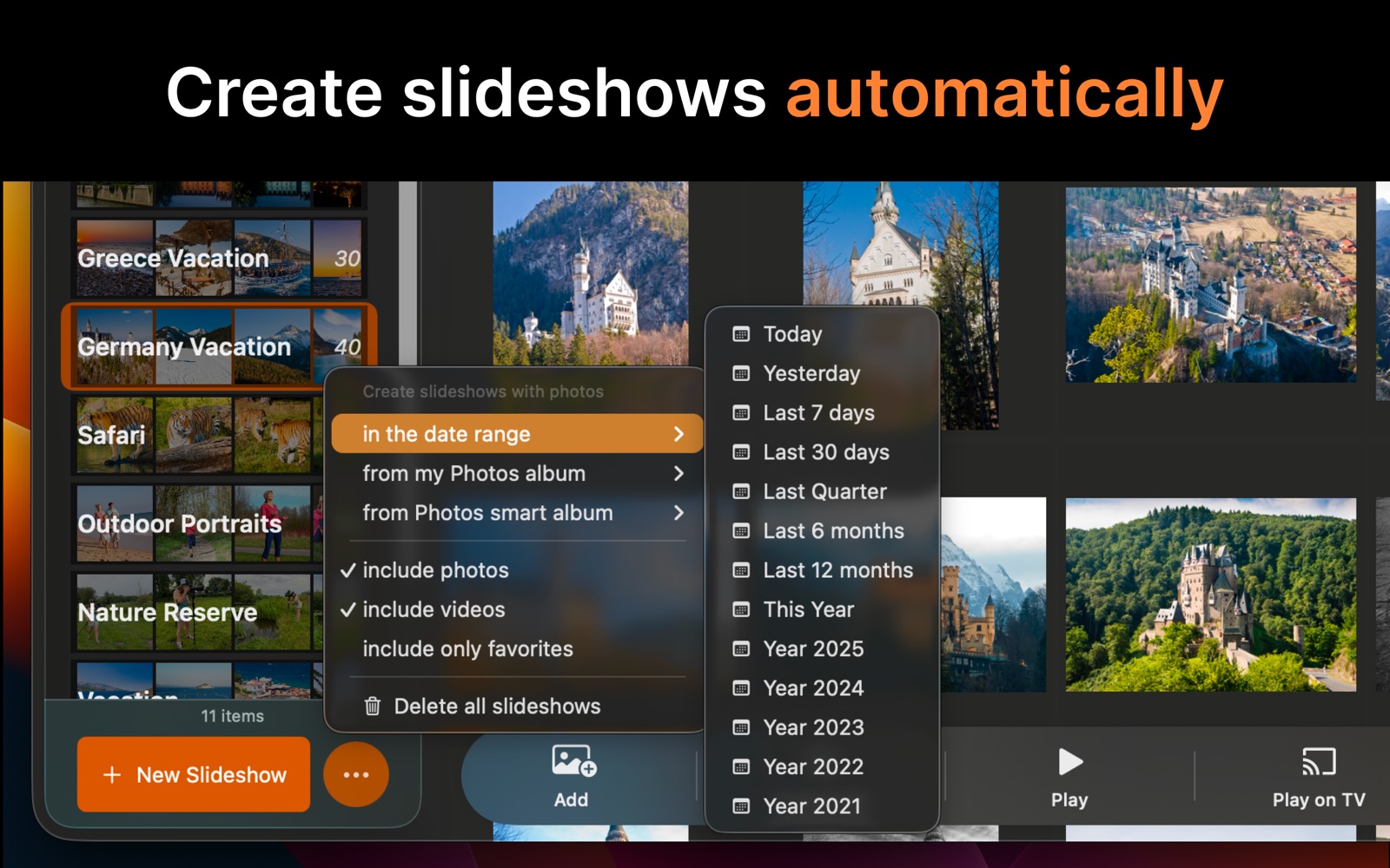 SlideFlow on Mac: automatically creating slideshows for a date range, Photos album, or smart album