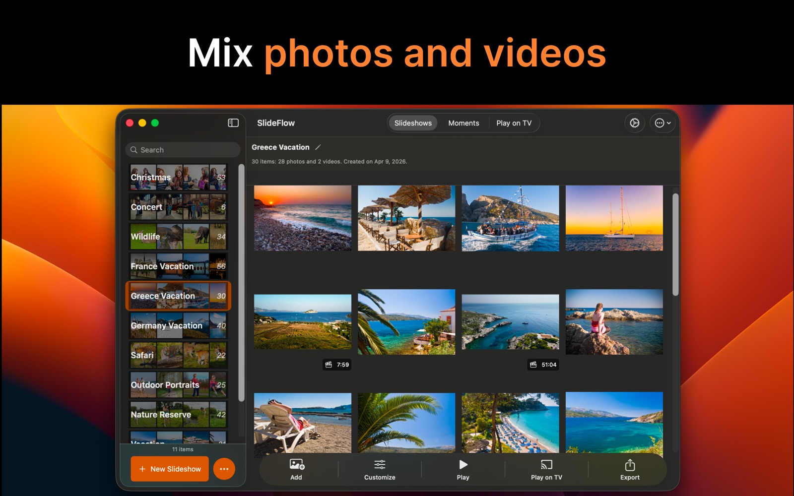 SlideFlow on Mac: a slideshow mixing photos and videos in the media grid