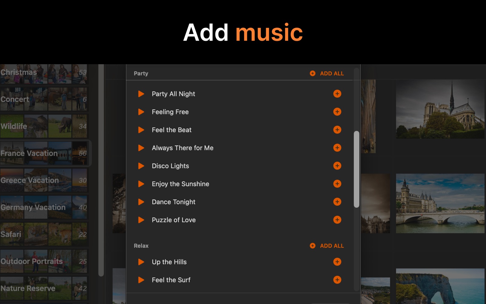 SlideFlow on Mac: choosing built-in music tracks for a slideshow