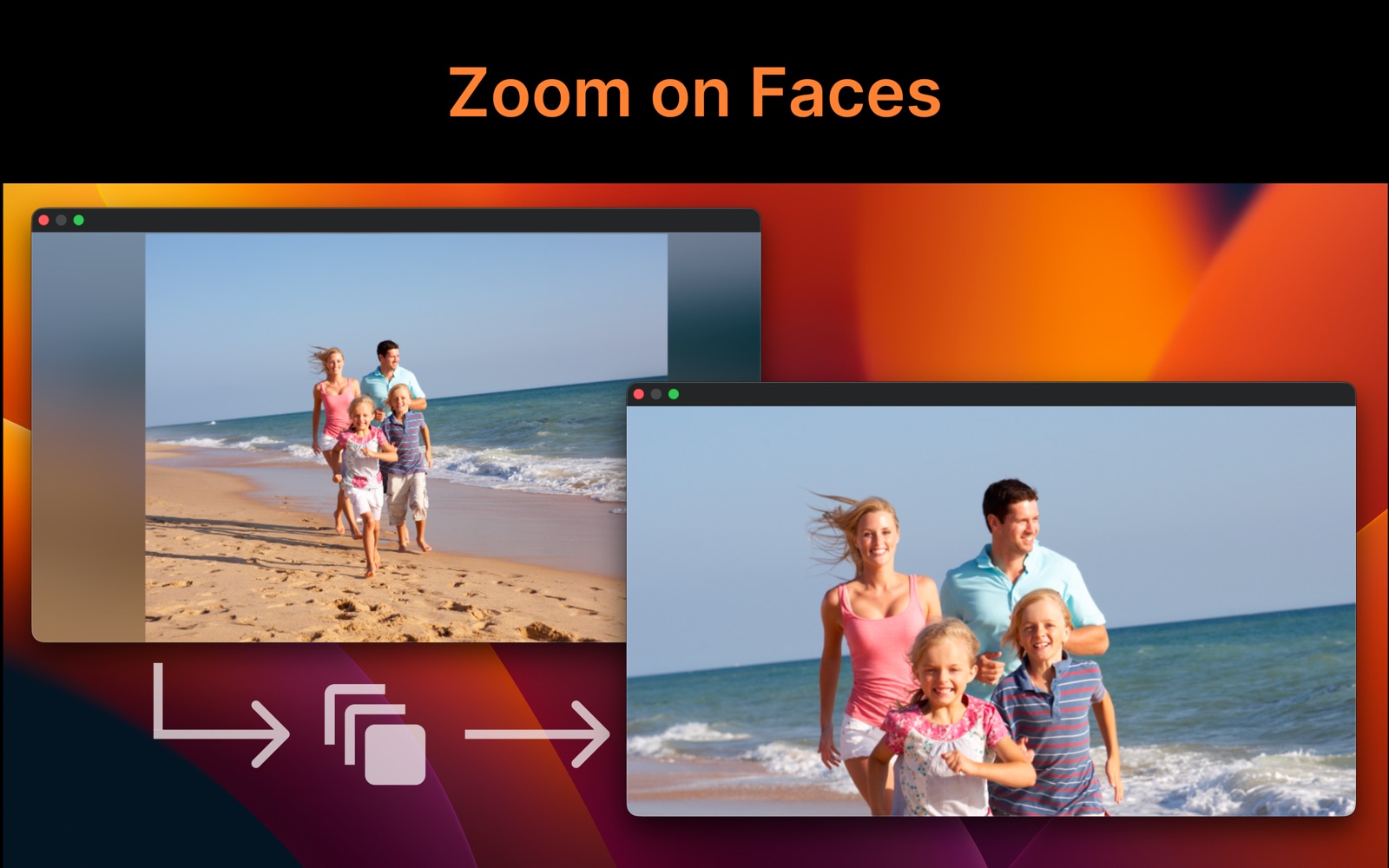 SlideFlow on Mac: the Zoom on Faces animation moving from the full photo to the people in it