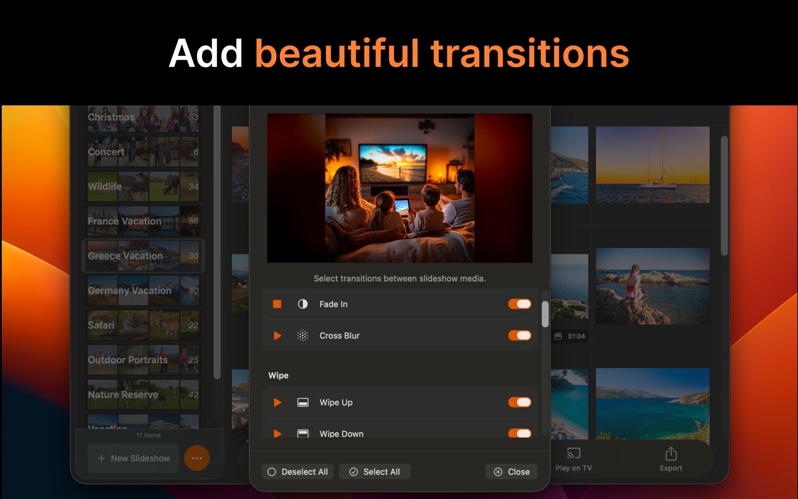 SlideFlow on Mac: selecting transitions between slideshow media