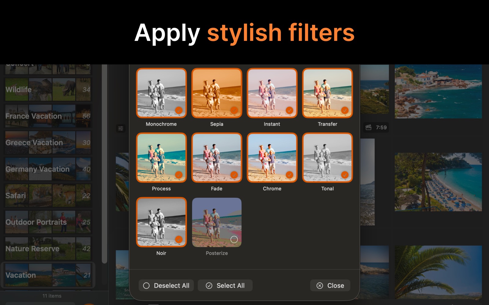 SlideFlow on Mac: choosing filters such as Monochrome, Sepia, Chrome, and Noir